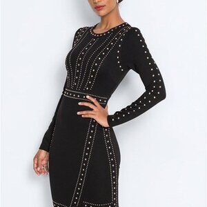 NEW VENUS Black Embellished Studded Long Sleeve Dress XS